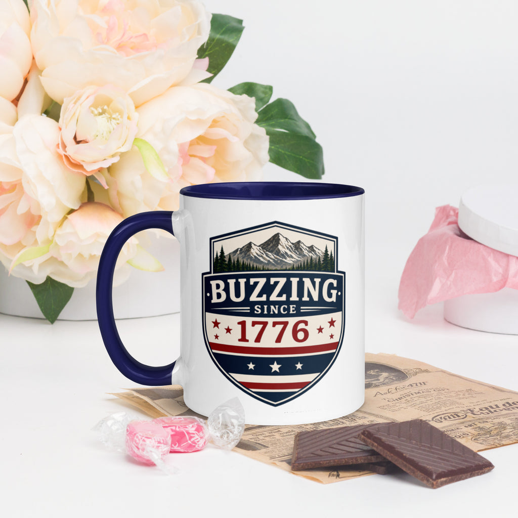 Ceramic mug with patriotic shield print, dark blue rim and handle