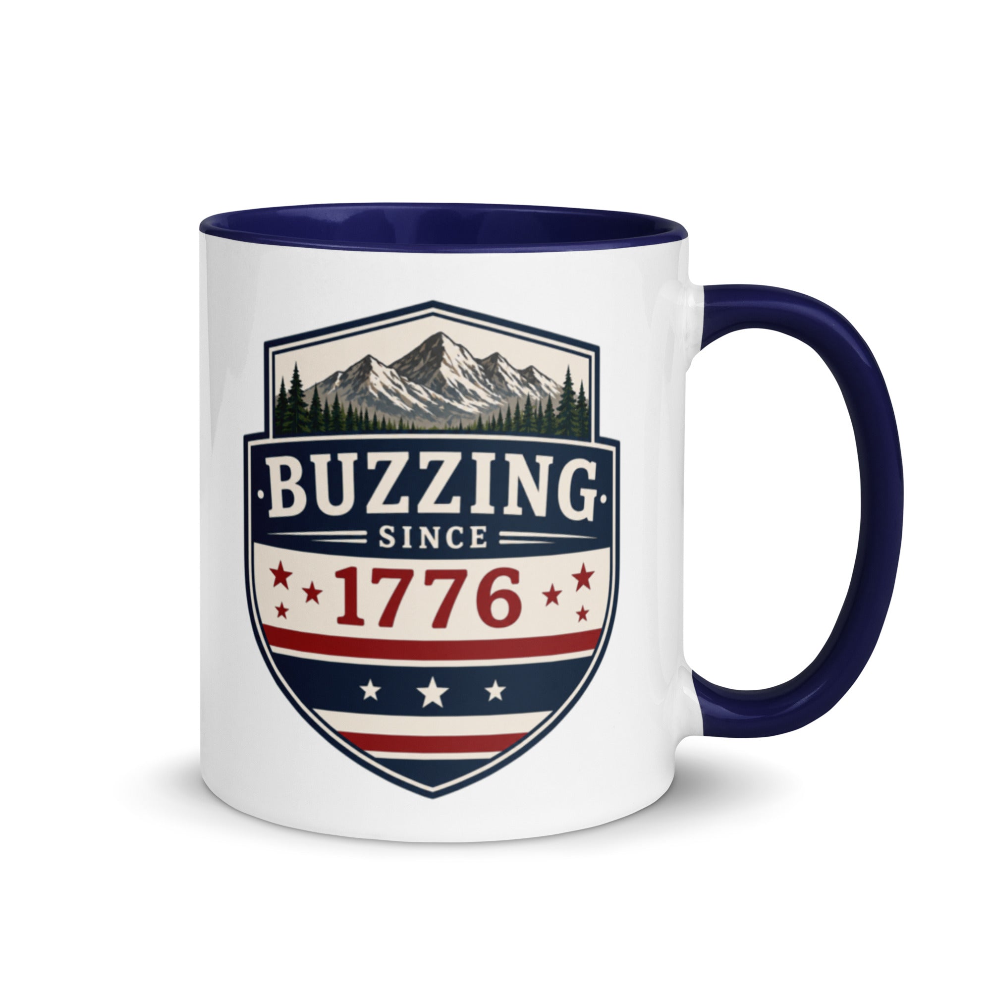 Coffee mug with navy interior and handle; “Buzzing Since 1776” graphic