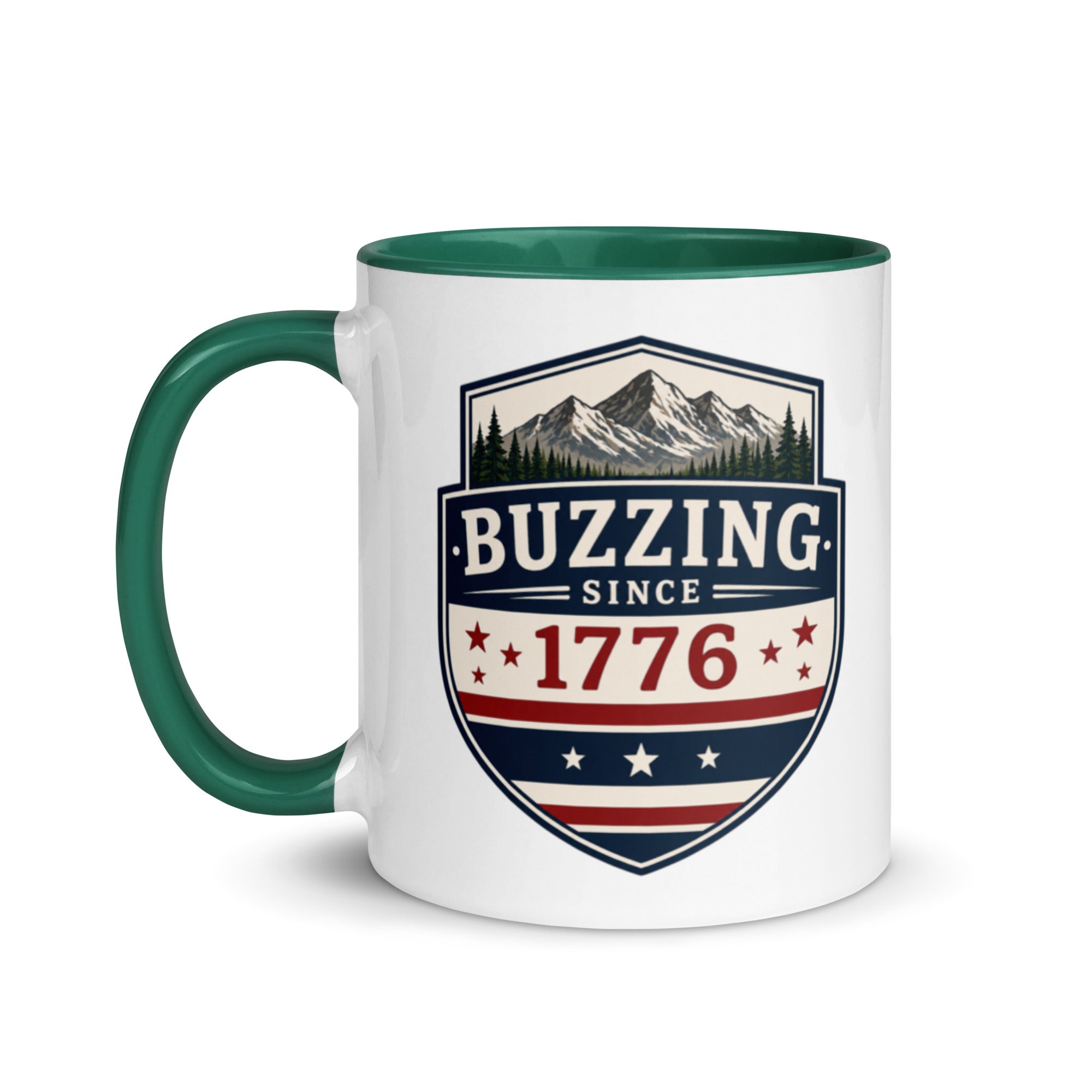 Two-tone coffee mug with dark green interior and handle, featuring mountain shield logo.