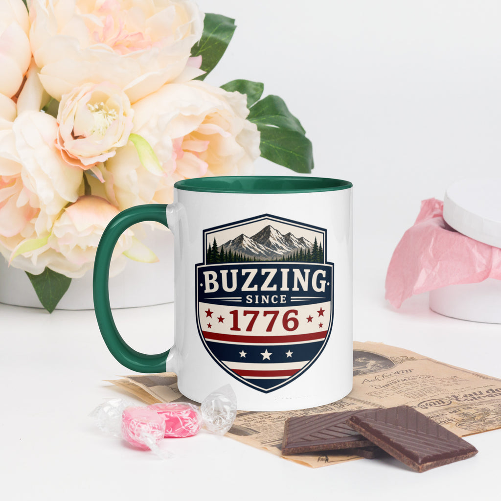 Ceramic mug with patriotic shield print, dark green rim and handle