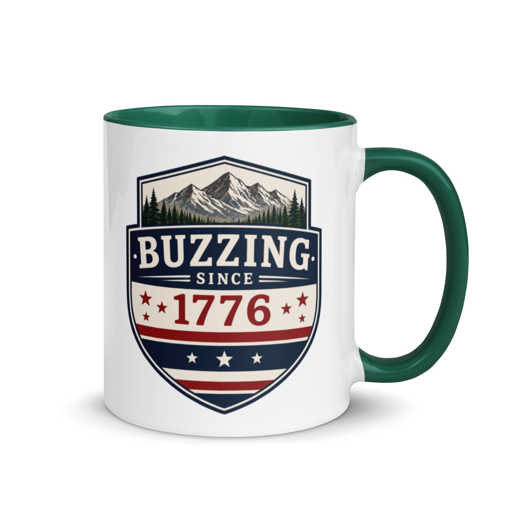 Coffee mug with dark green interior and handle; “Buzzing Since 1776” graphic