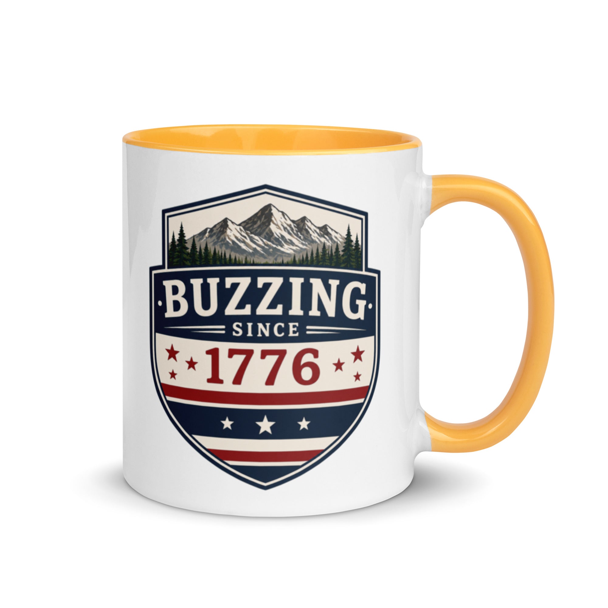 Coffee mug with golden yellow interior and handle; “Buzzing Since 1776” graphic