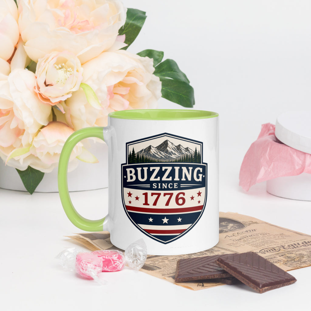 Ceramic mug with patriotic shield print, light green rim and handle