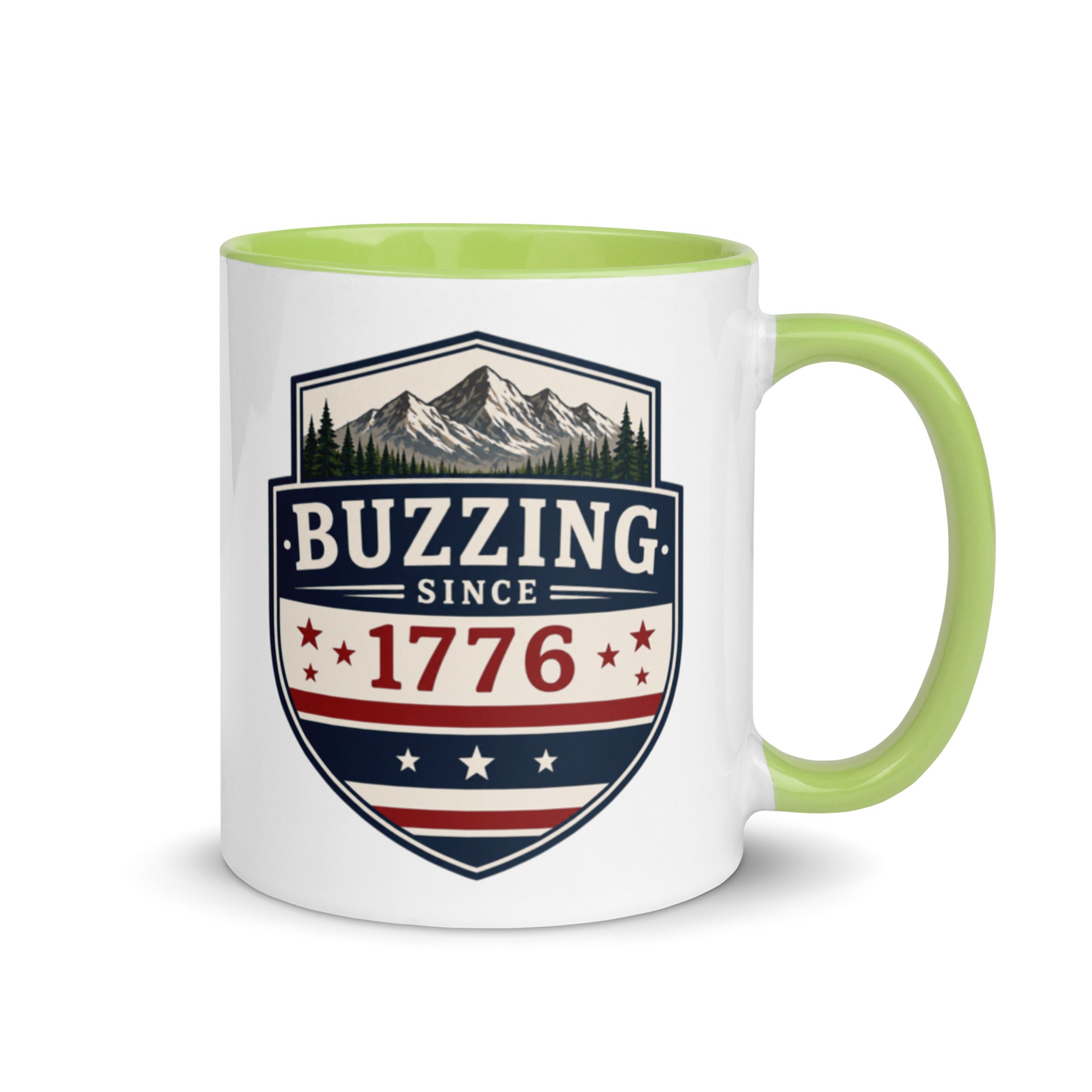 Coffee mug with light green interior and handle; “Buzzing Since 1776” graphic