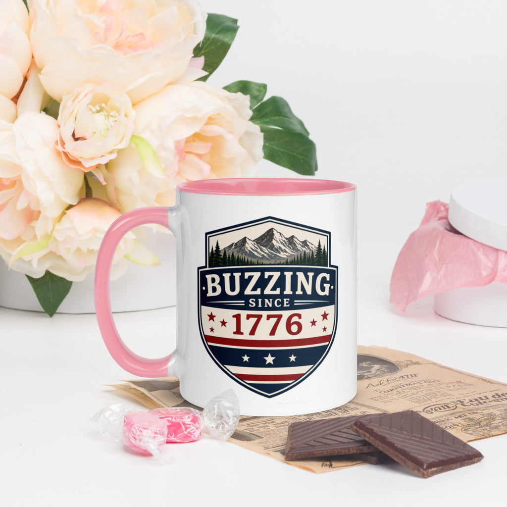 Ceramic mug with patriotic shield print, pink rim and handle