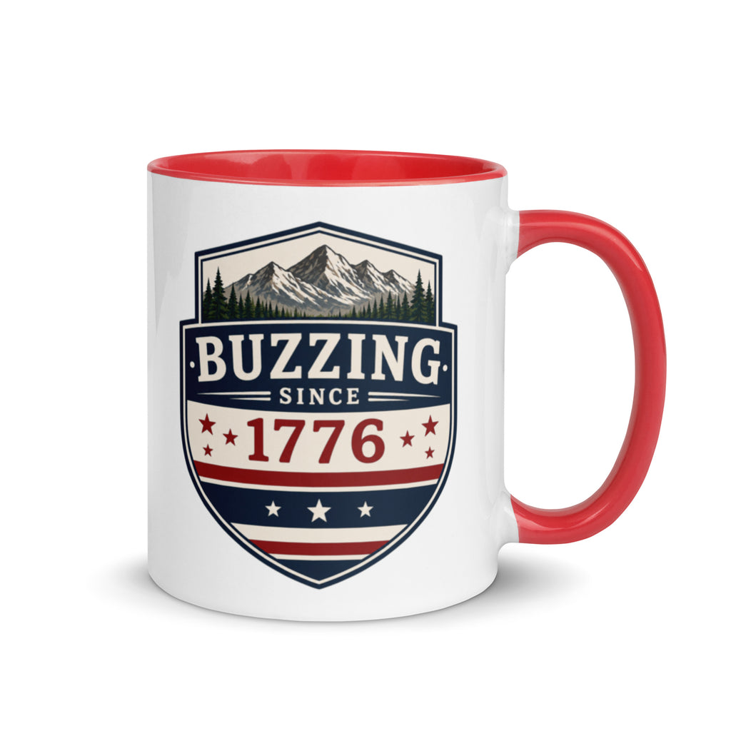 Coffee mug with red interior and handle; “Buzzing Since 1776” graphic