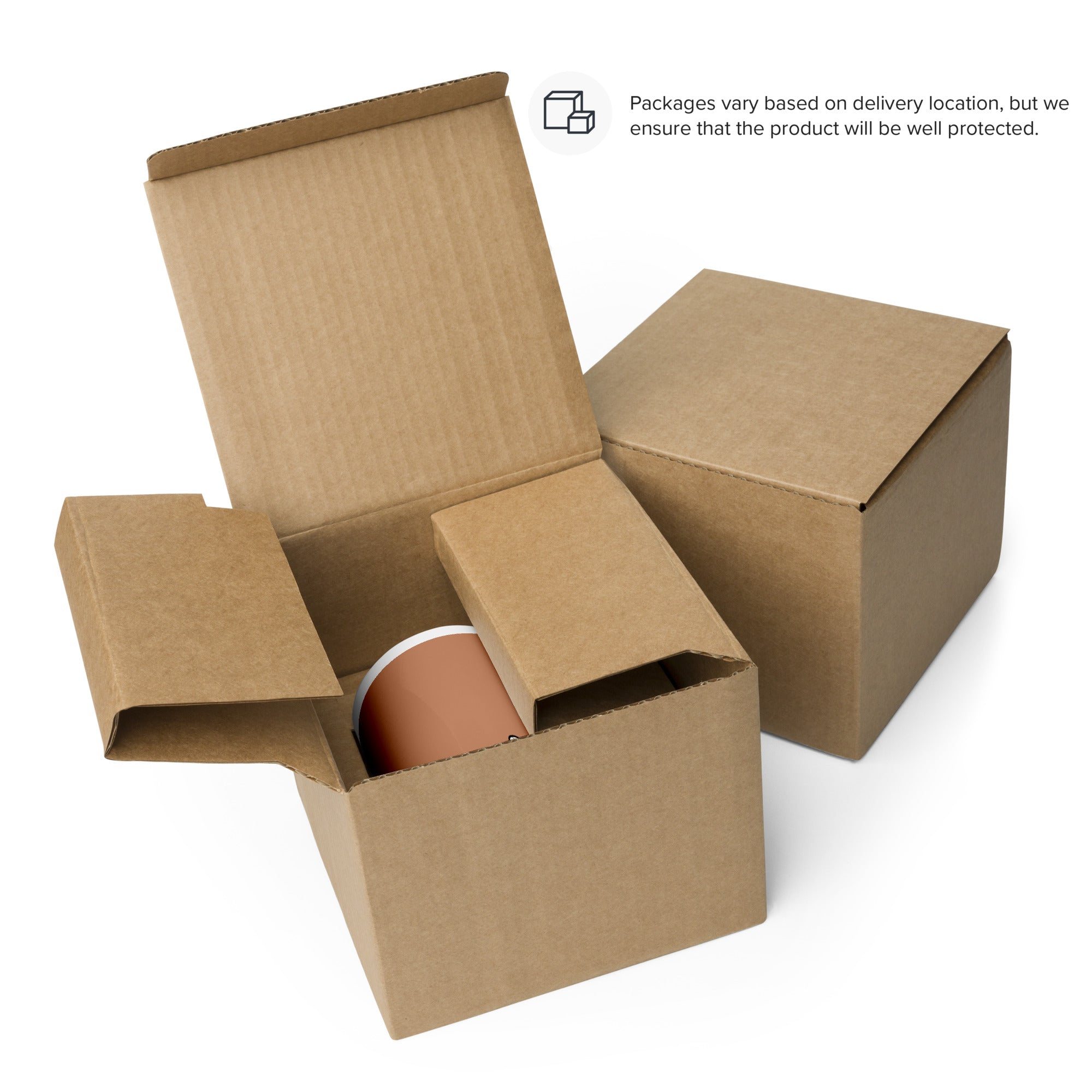Ceramic mug in open cardboard shipping box, brown side with bee illustration