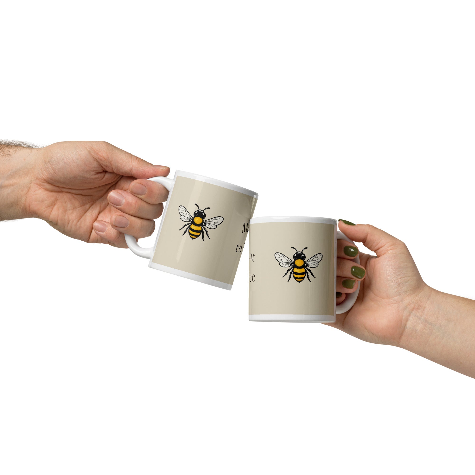 Light beige ceramic coffee mug with bee illustration on front
