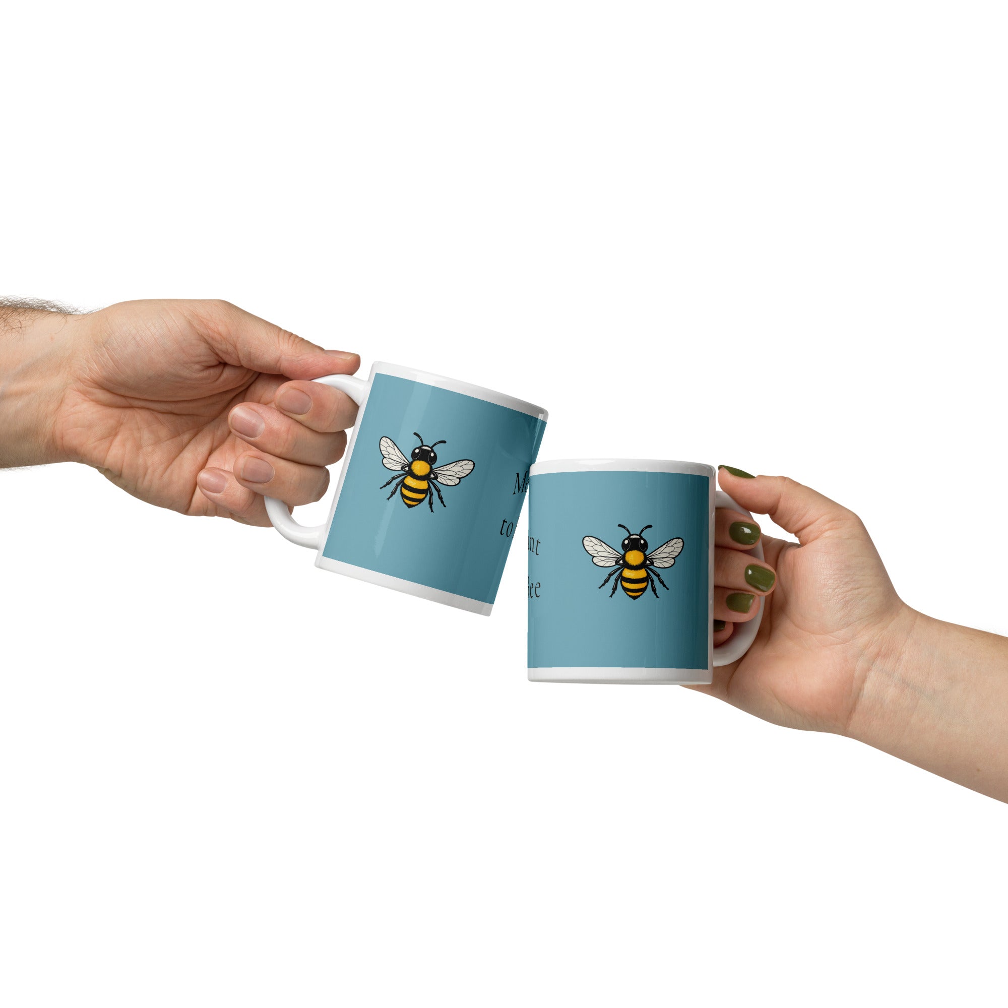 Blue ceramic coffee mug with bee illustration, white handle and rim