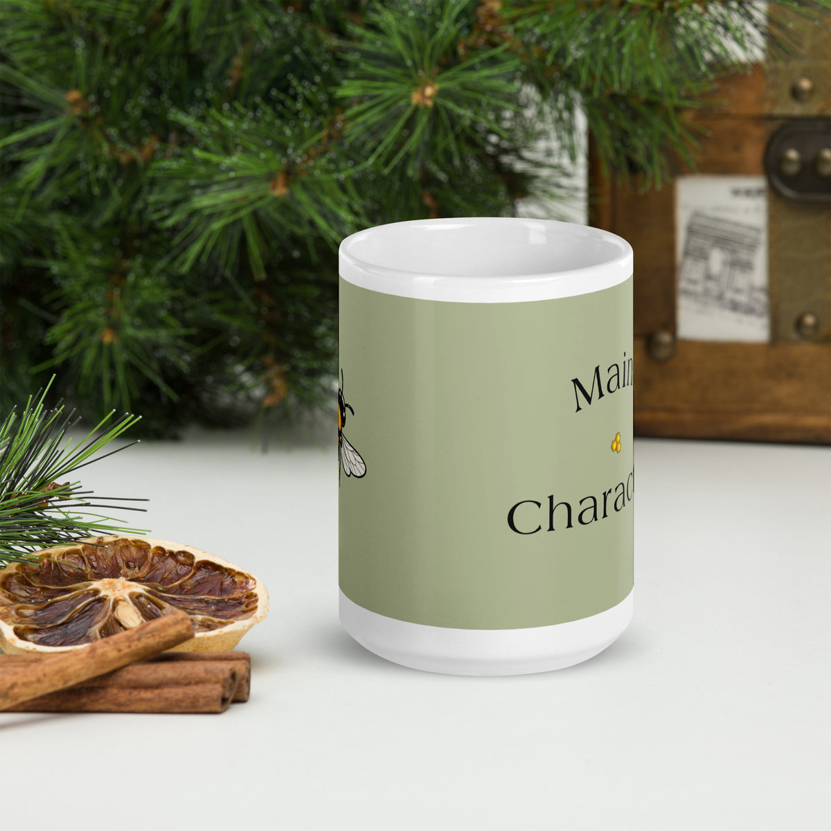 Ceramic coffee mug side view, green panel with partial 'Main' and 'Character' text.