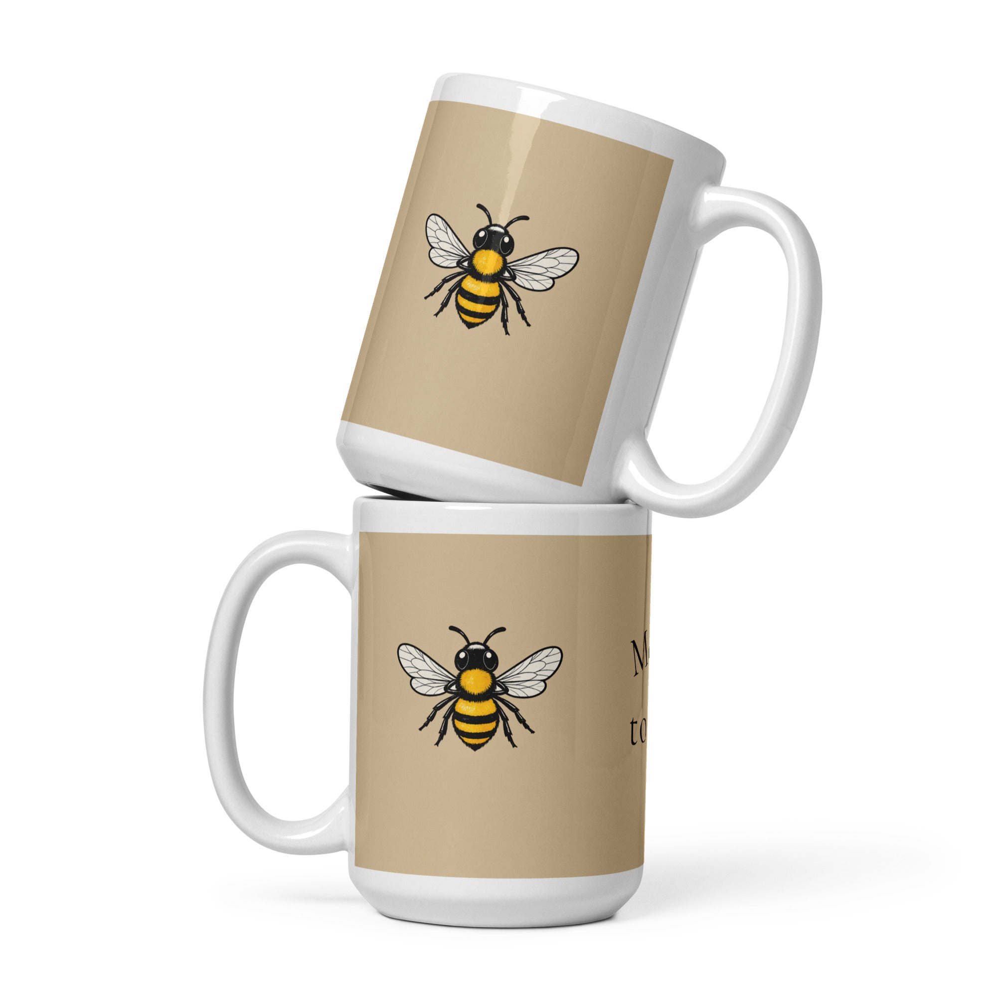 Beige ceramic coffee mug stack with bee illustrations and white rims