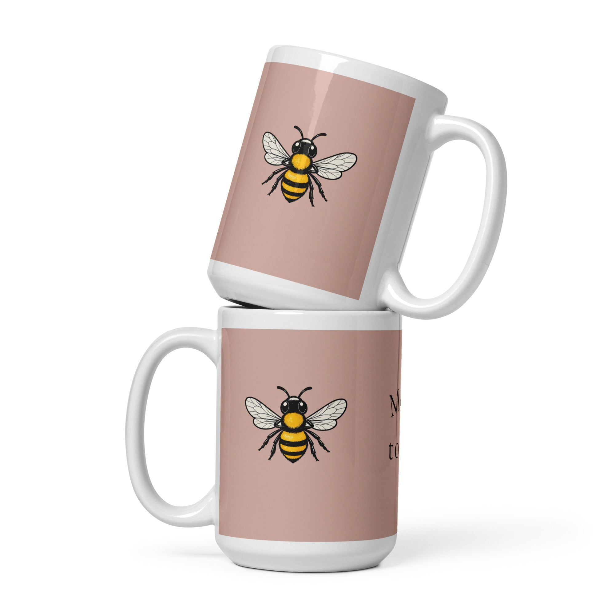 Set of 2 dusty rose ceramic mugs stacked with bee illustration and white handles
