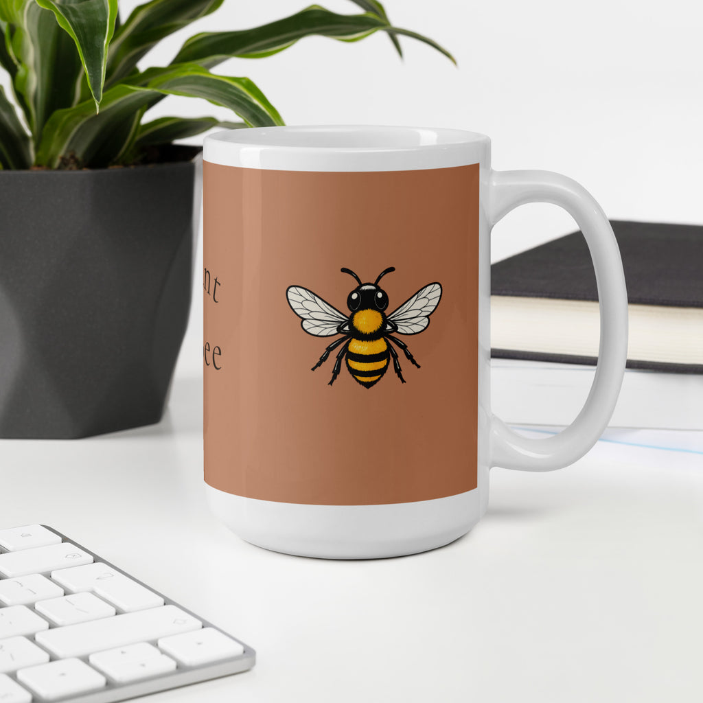 Brown ceramic mug with bee illustration centered on front; front-facing