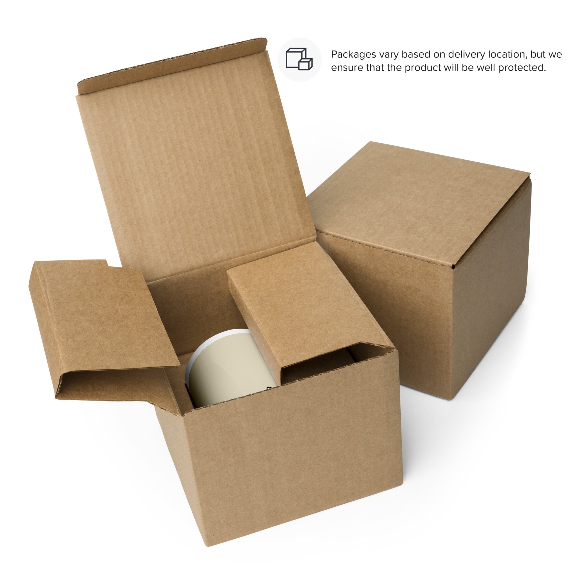 Cardboard shipping box with light beige ceramic coffee mug partially visible