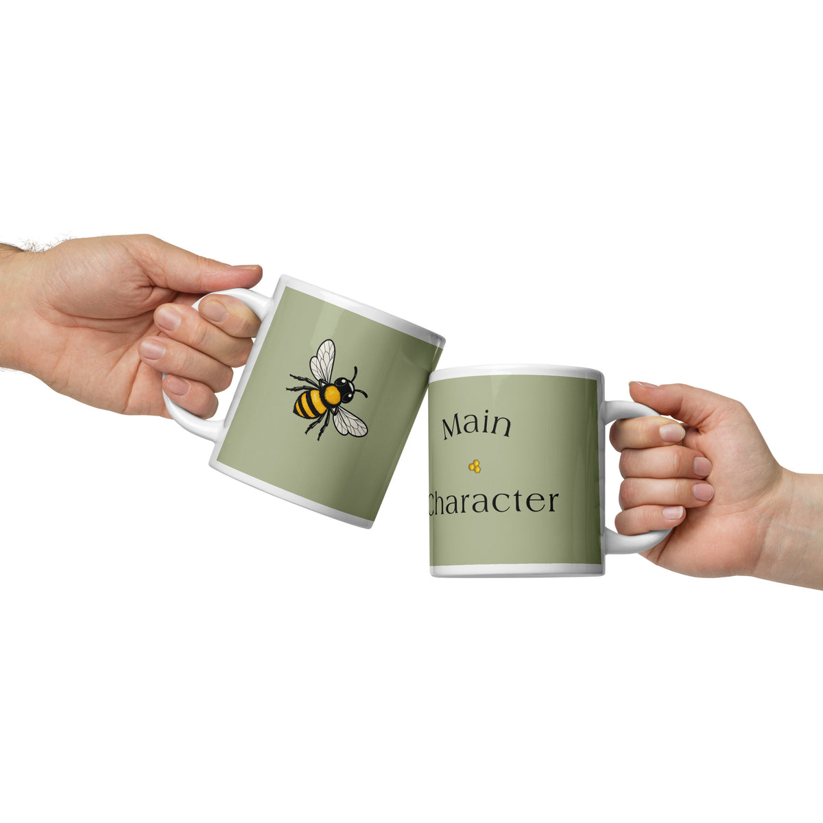 Green ceramic mug with bee graphic and partial 'Main character' text, white handle