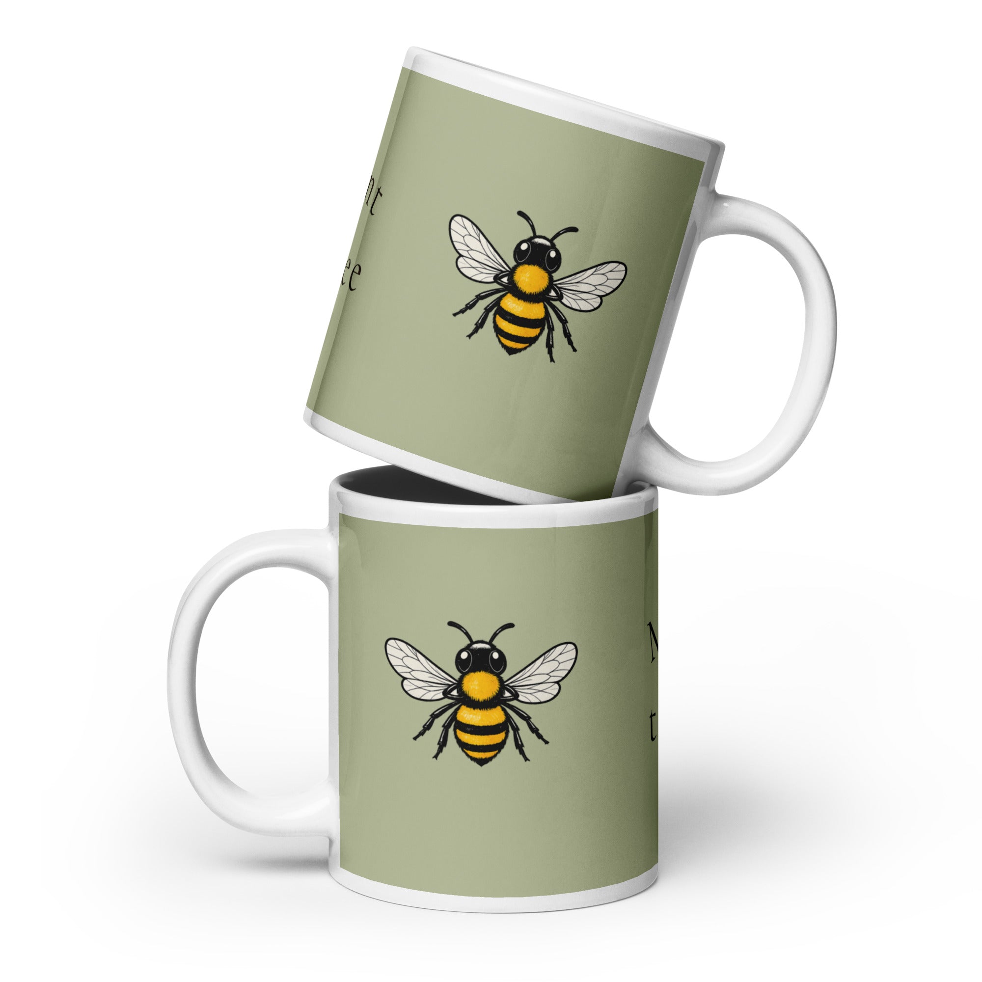 Sage green ceramic coffee mug set, white handle, centered bee illustration
