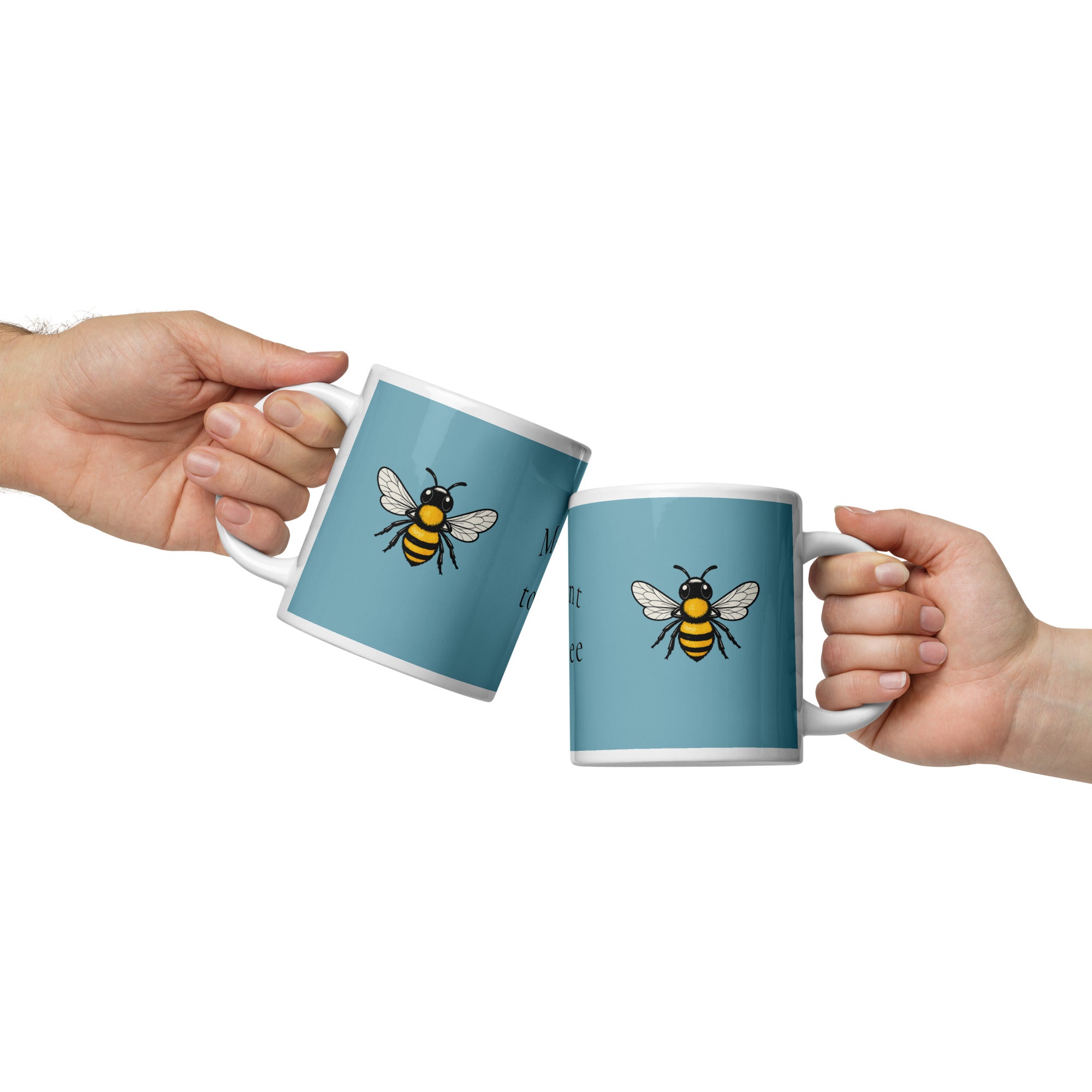 Blue ceramic coffee mug set with bee illustrations on front panels, white rims and handles