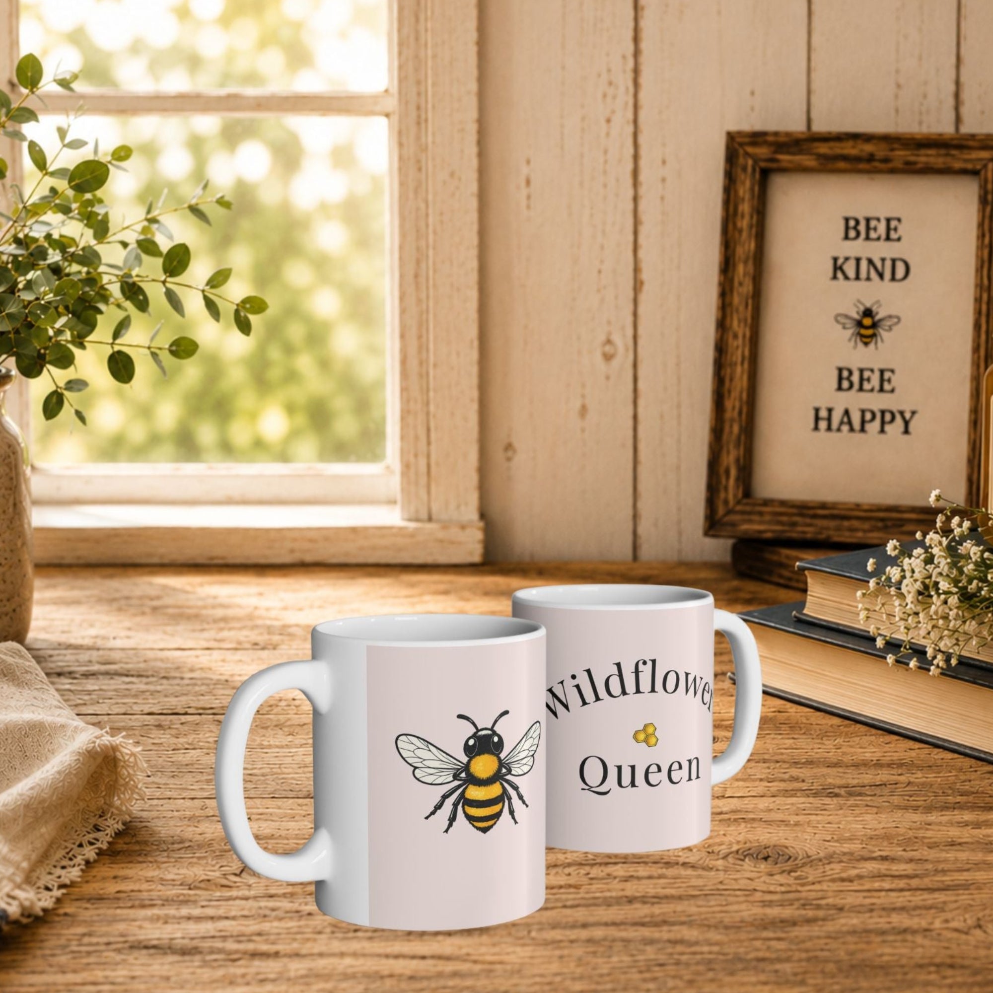 Two ceramic coffee cups on a wooden surface, one with bee graphic and text