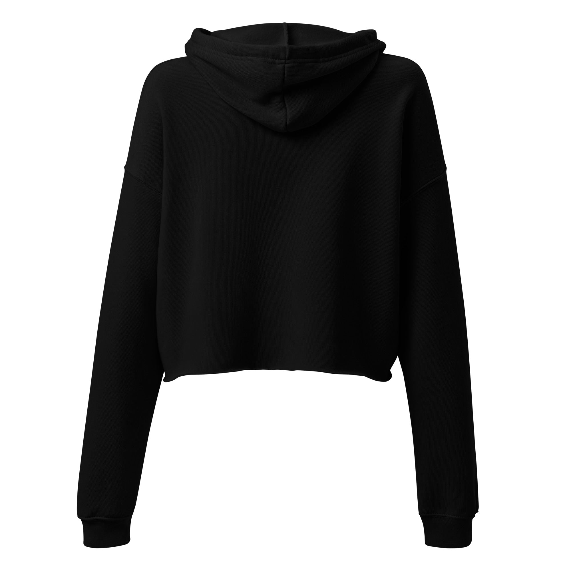 Black cropped hoodie with hood and ribbed cuffs, back view