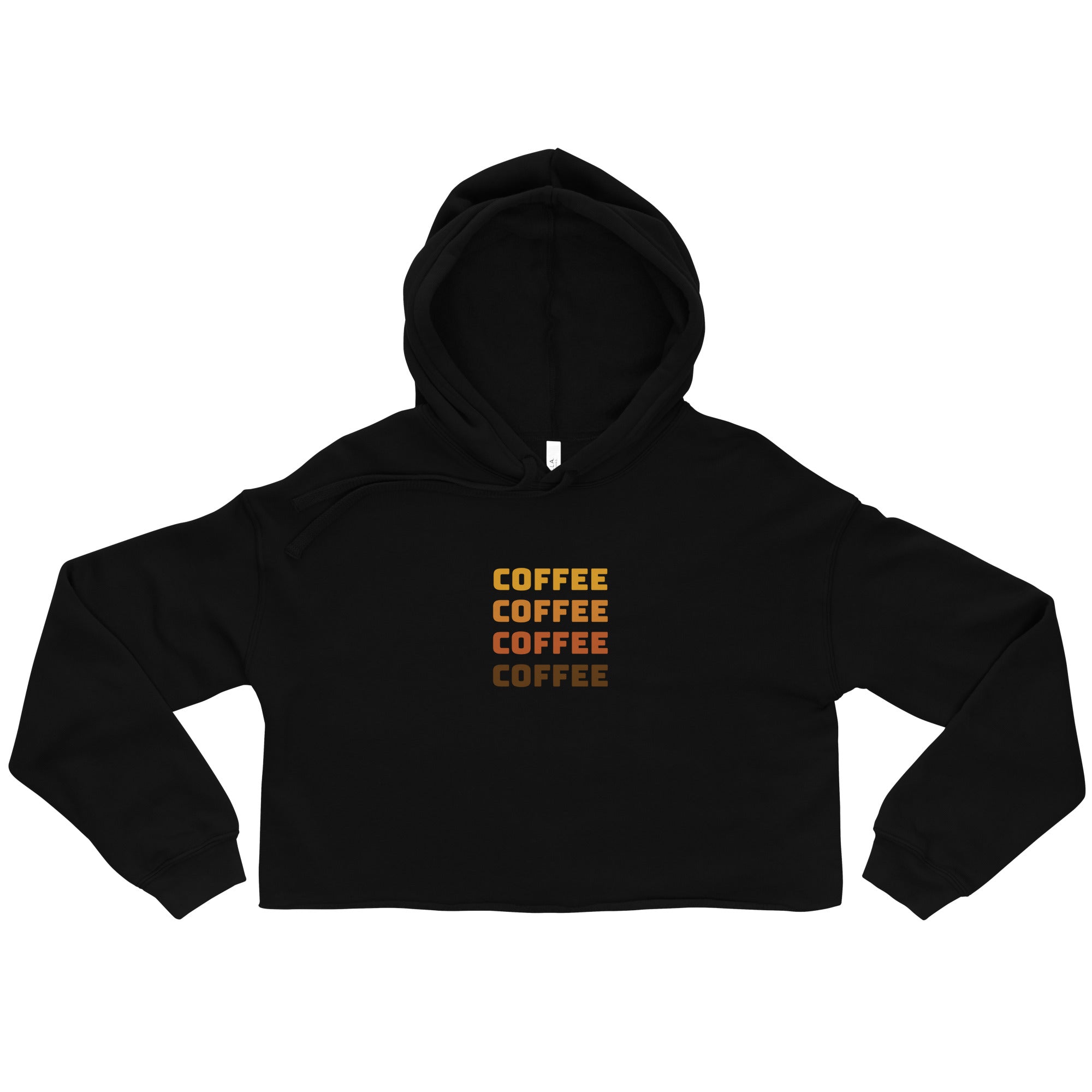 Black cropped hoodie with drawstring hood and stacked “COFFEE” logo text