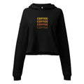 Black cropped hoodie with hood and ribbed cuffs, front graphic text reading COFFEE