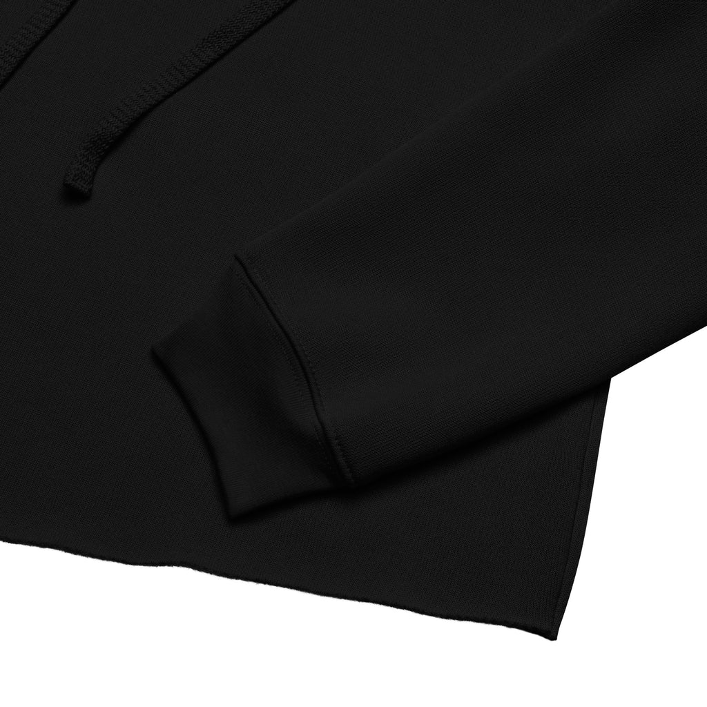 Black cropped hoodie front pocket and ribbed hem with drawstring