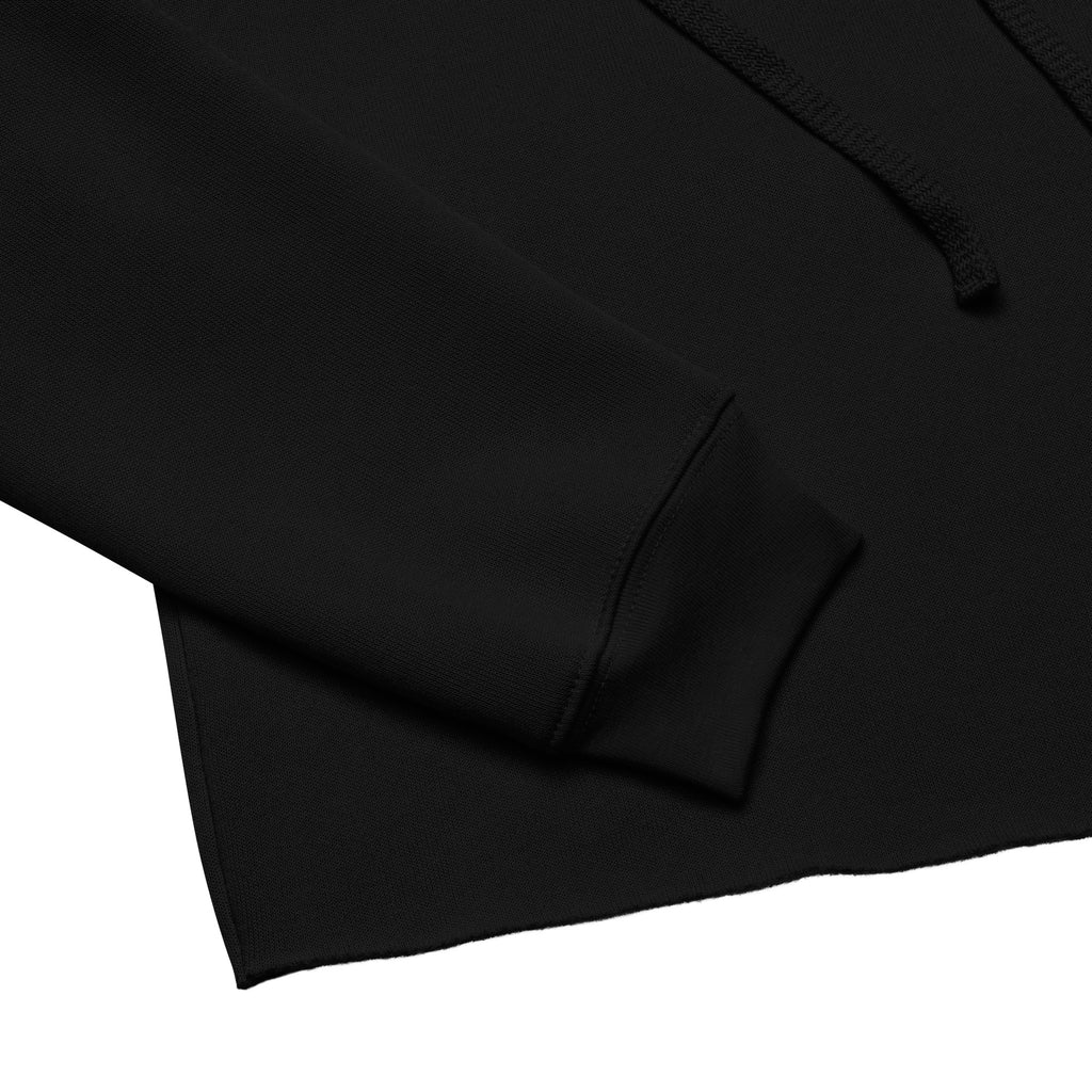 Black cropped hoodie sleeve with ribbed cuff and drawstring tip