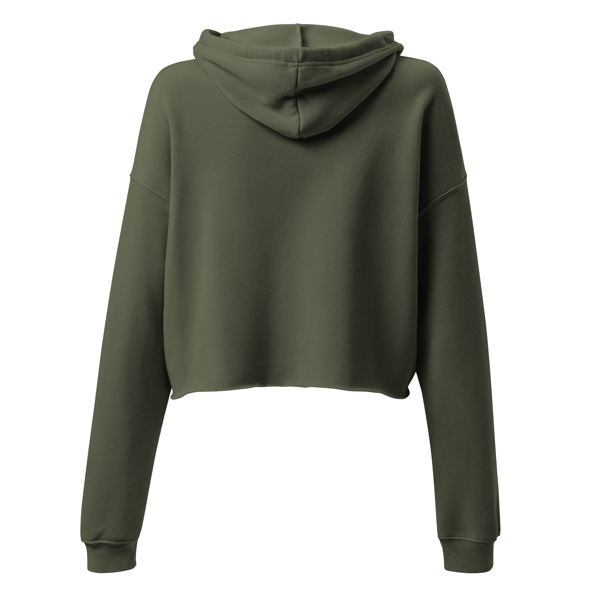 Military green cropped hoodie with hood and ribbed cuffs, back view
