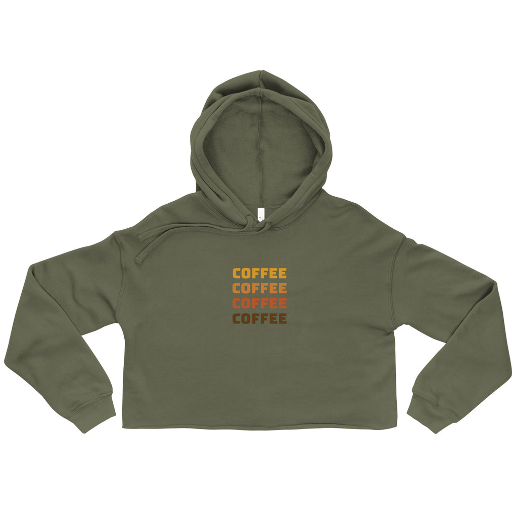 Olive green cropped hoodie with drawstring hood and stacked “COFFEE” logo text