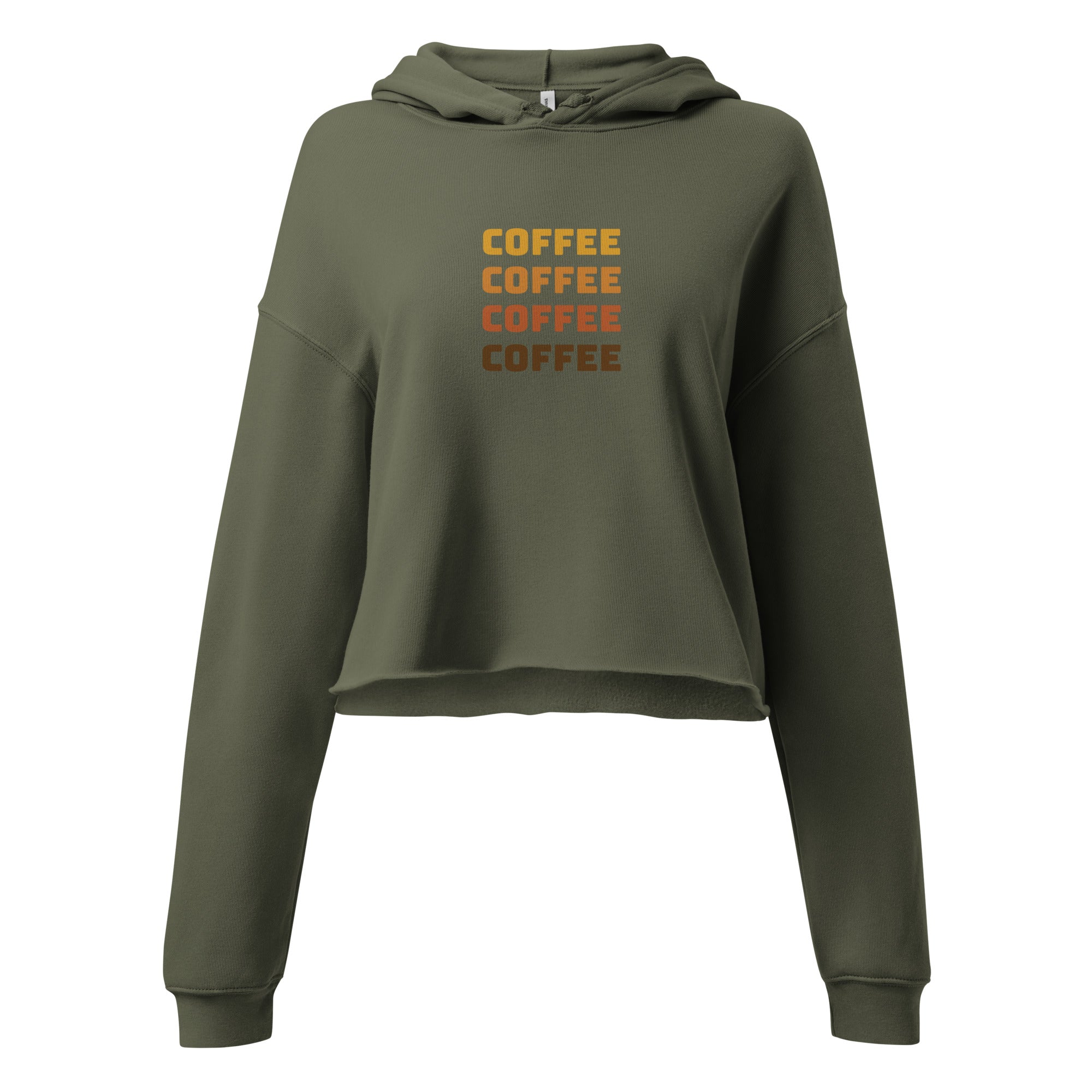 Military green cropped hoodie with hood and ribbed cuffs, front COFFEE text graphic