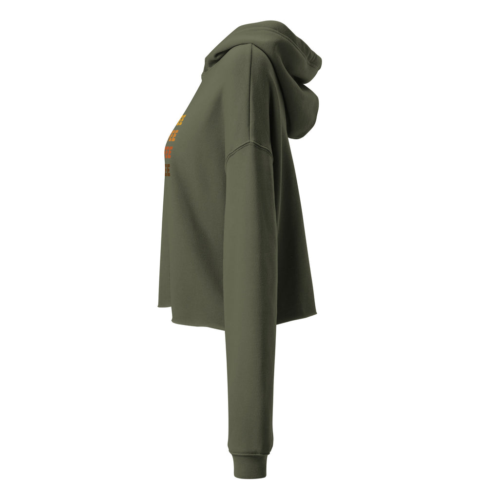 Military green cropped hoodie with hood, side view