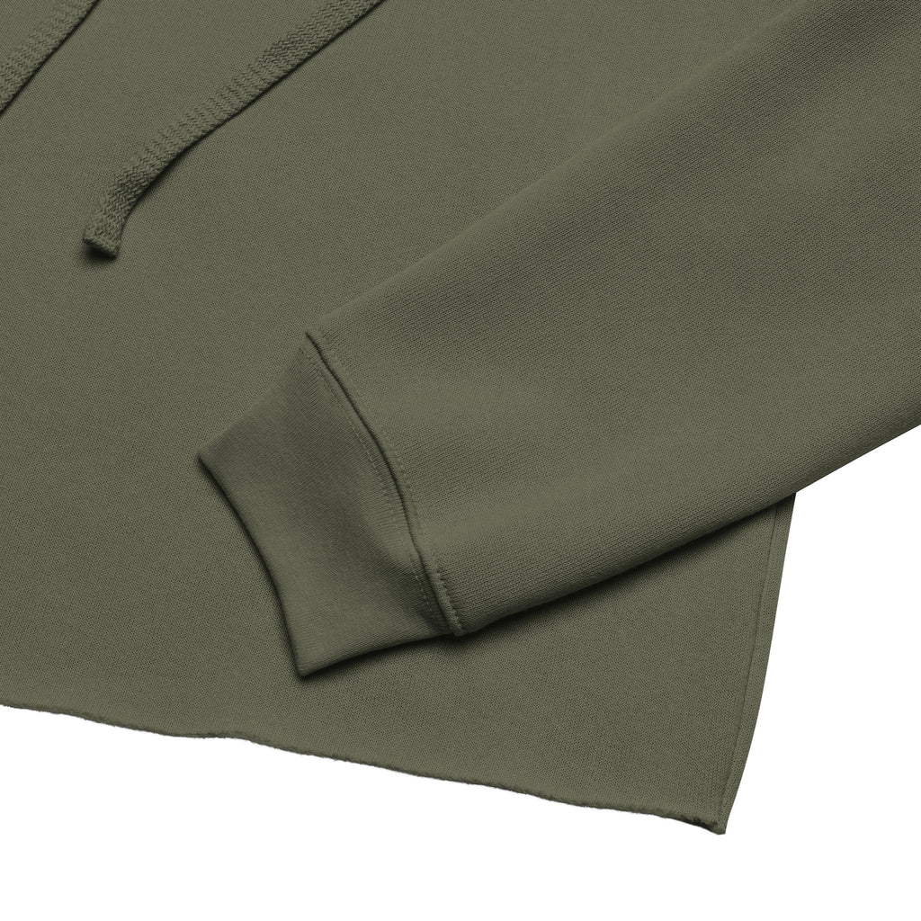 Military green cropped hoodie front pocket and ribbed hem with drawstring