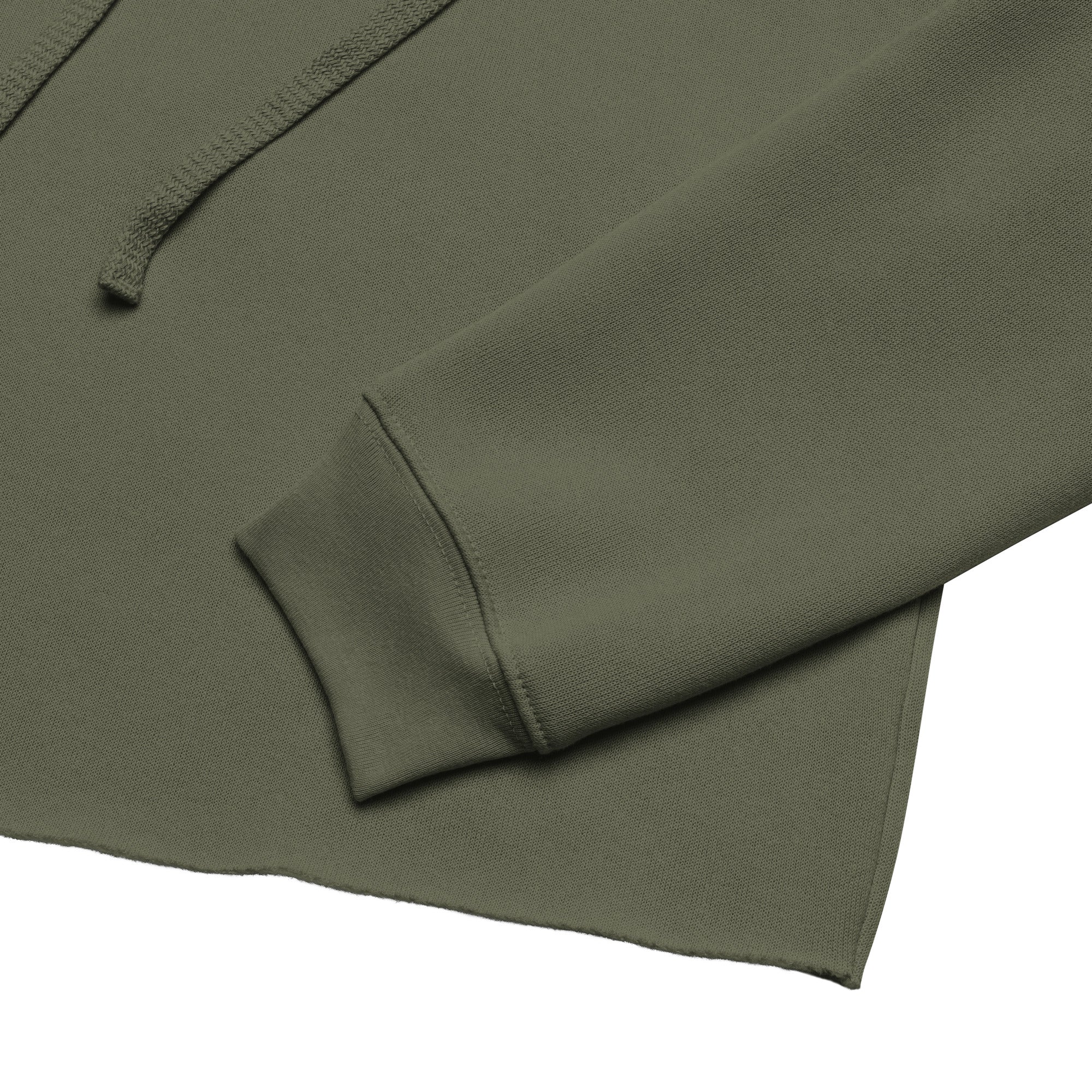 Military green cropped hoodie front pocket and ribbed hem with drawstring