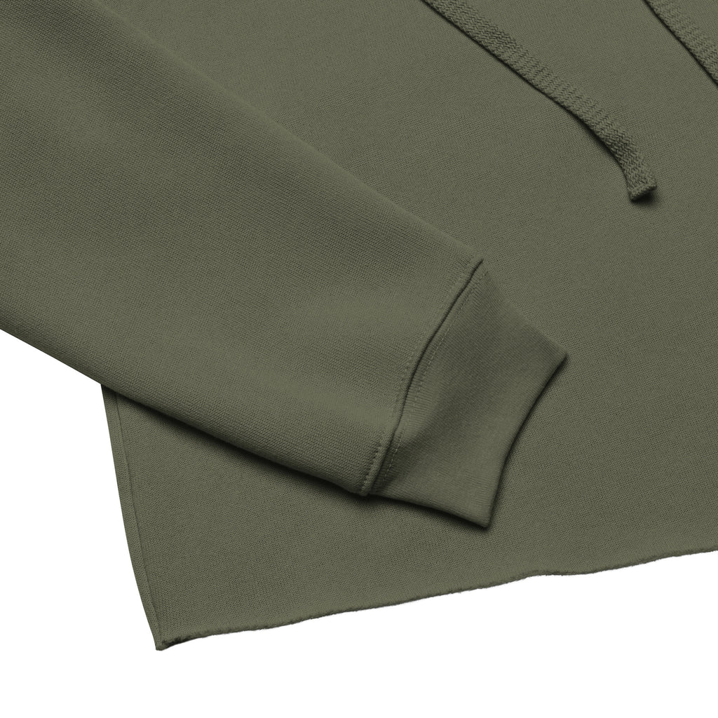Military green cropped hoodie sleeve with ribbed cuff and drawstring tip