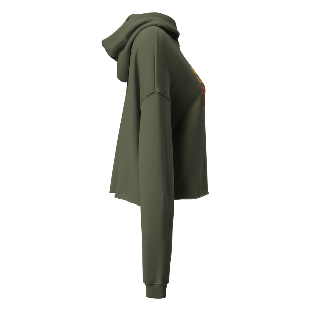 Olive green cropped hoodie with drawstring hood and long sleeves