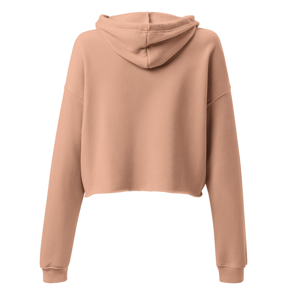 Peach cropped hoodie with hood and ribbed cuffs, back view