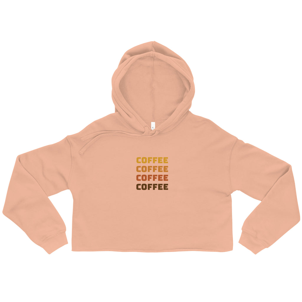Peach cropped hoodie with drawstring hood and stacked “COFFEE” logo text
