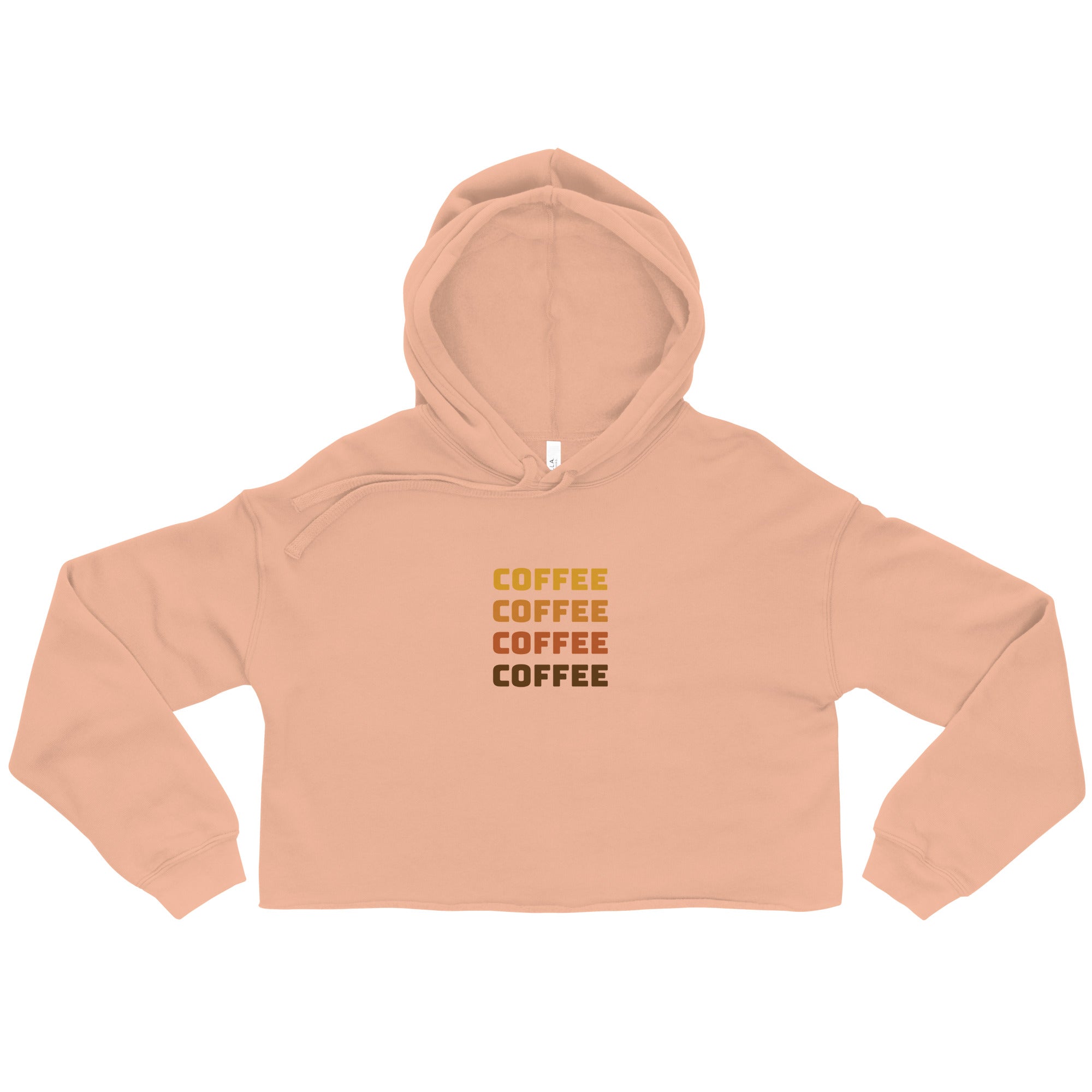Peach cropped hoodie with drawstring hood and stacked “COFFEE” logo text