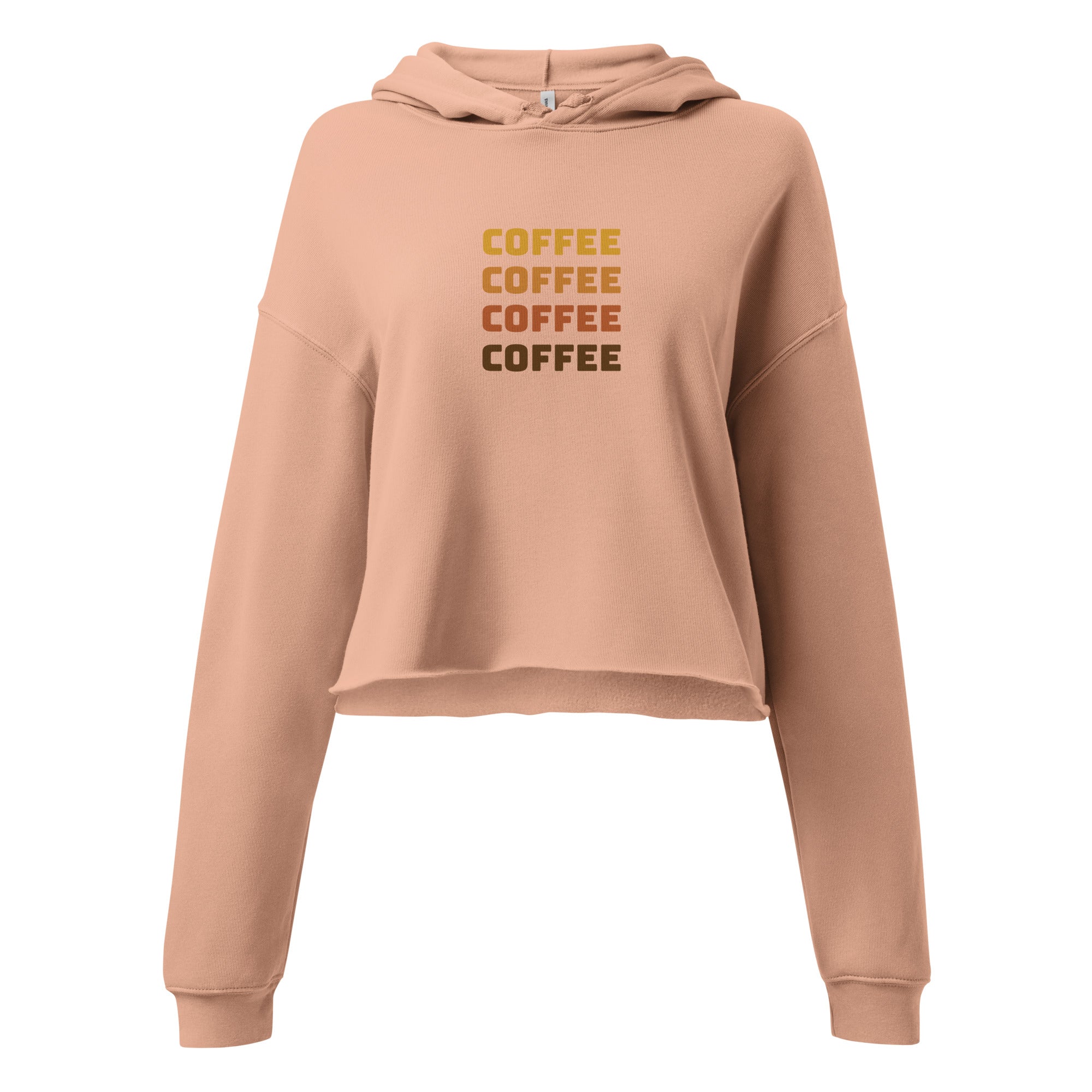Peach cropped hoodie with hood and ribbed cuffs, front COFFEE text graphic