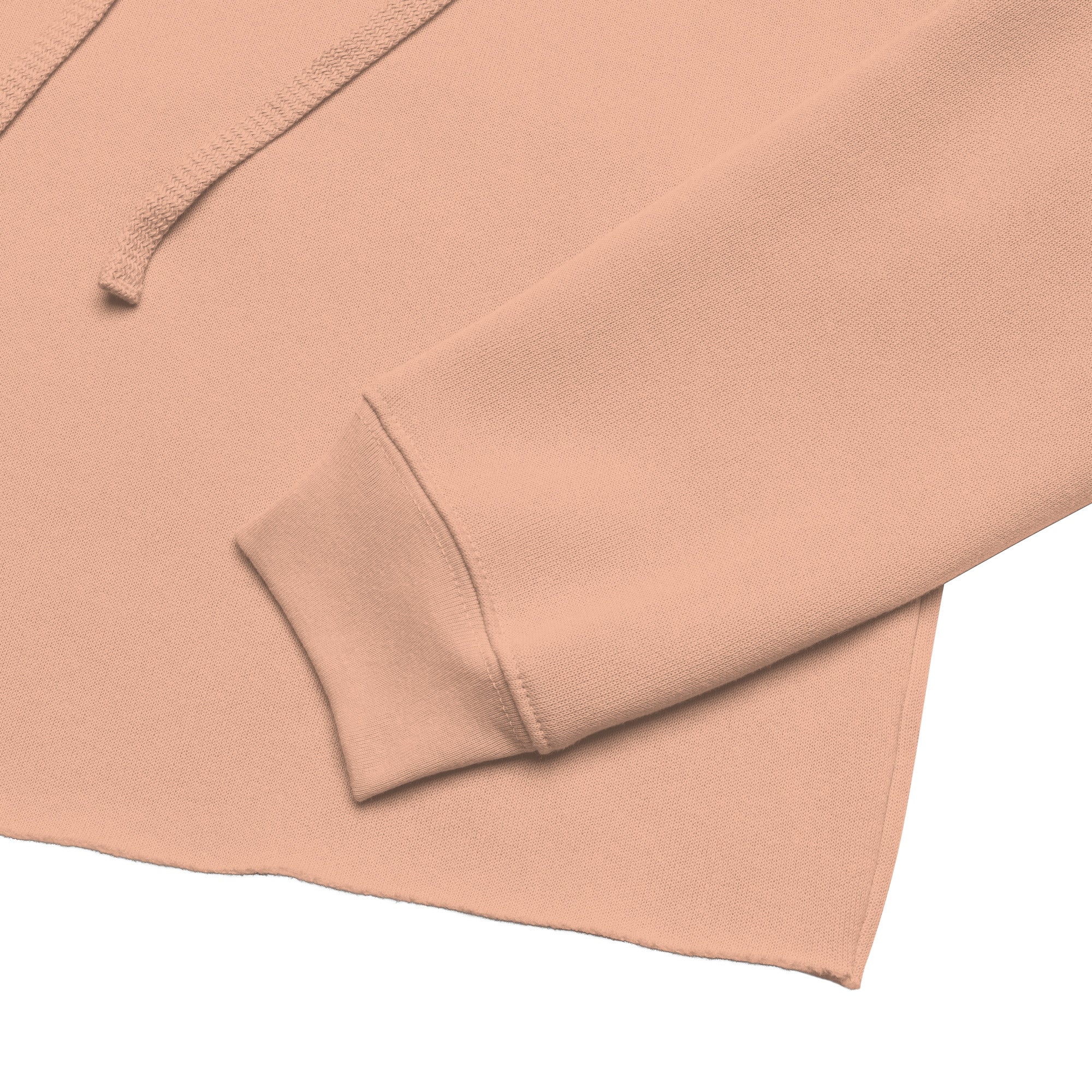 Peach cropped hoodie front pocket and ribbed hem with drawstring