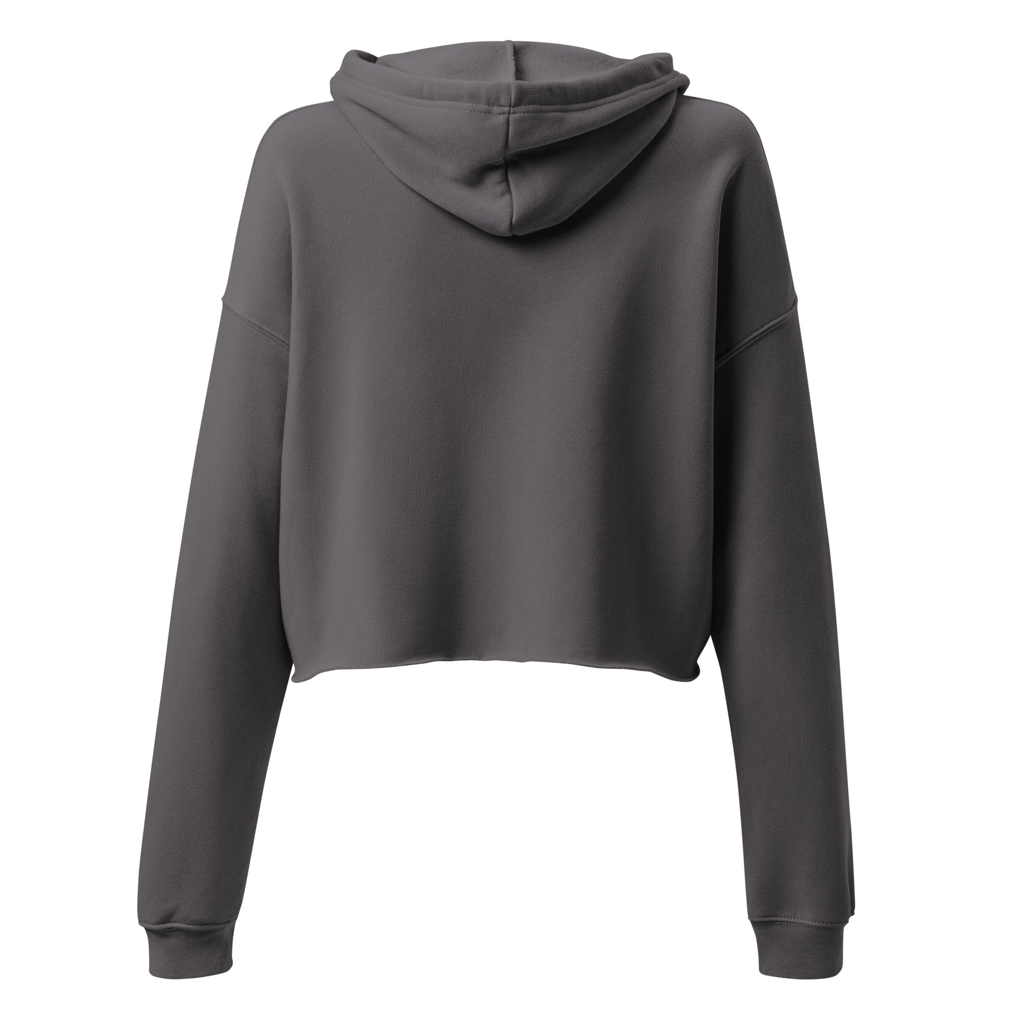 Gray cropped hoodie with hood and ribbed cuffs, back view