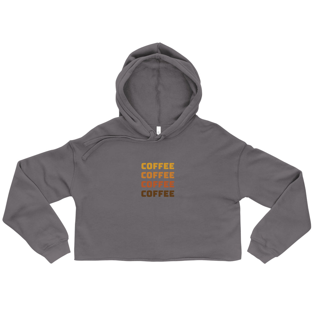 Heather gray cropped hoodie with drawstring hood and stacked “COFFEE” logo text