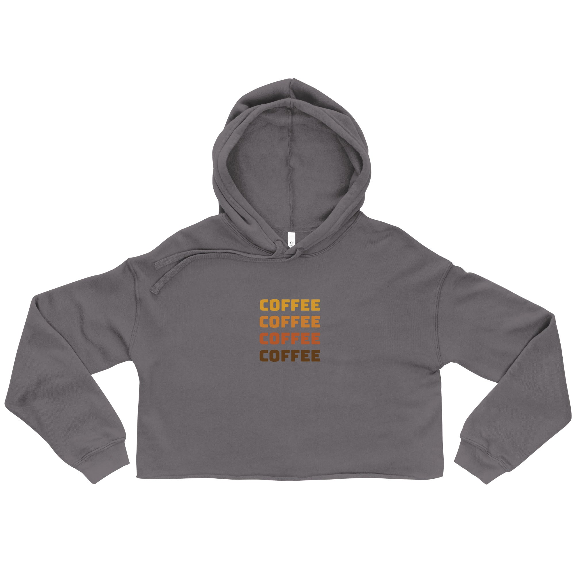 Heather gray cropped hoodie with drawstring hood and stacked “COFFEE” logo text