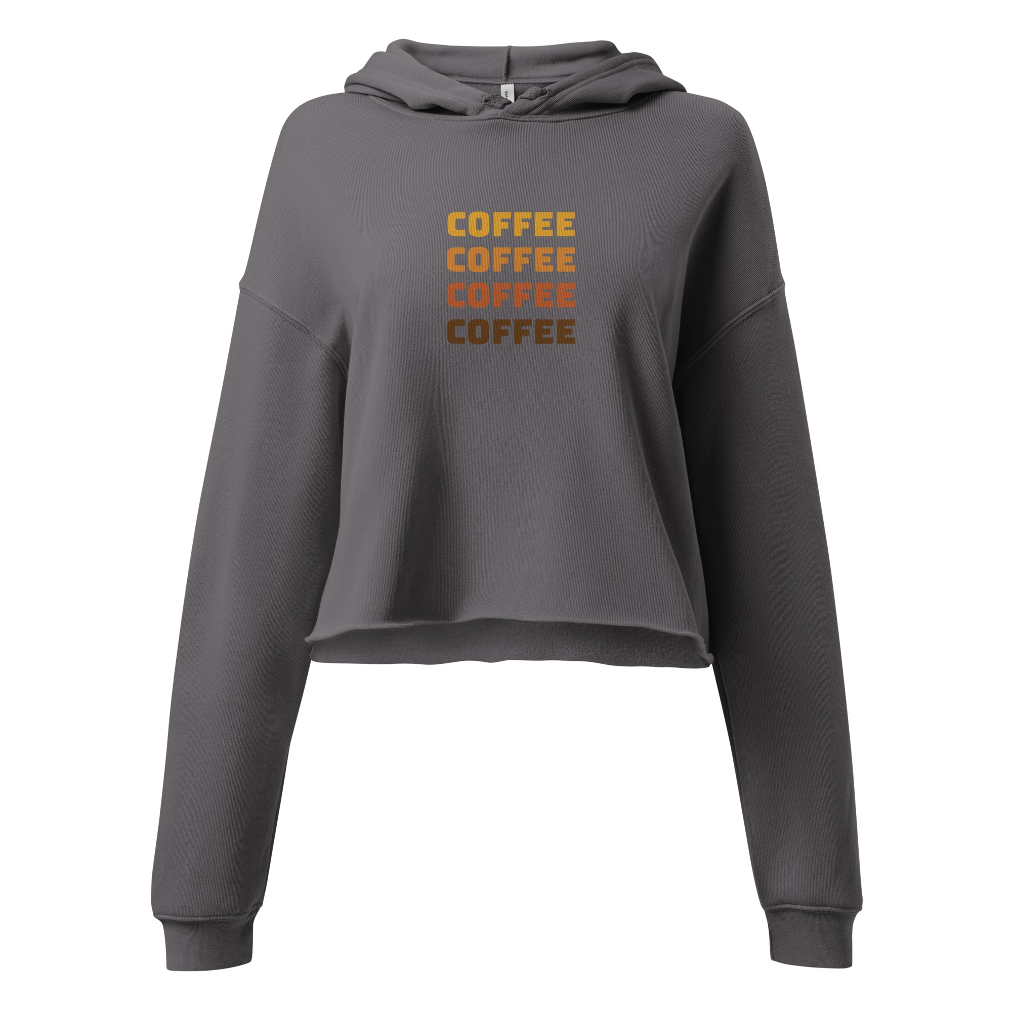 Gray cropped hoodie with hood and ribbed cuffs, front COFFEE text graphic
