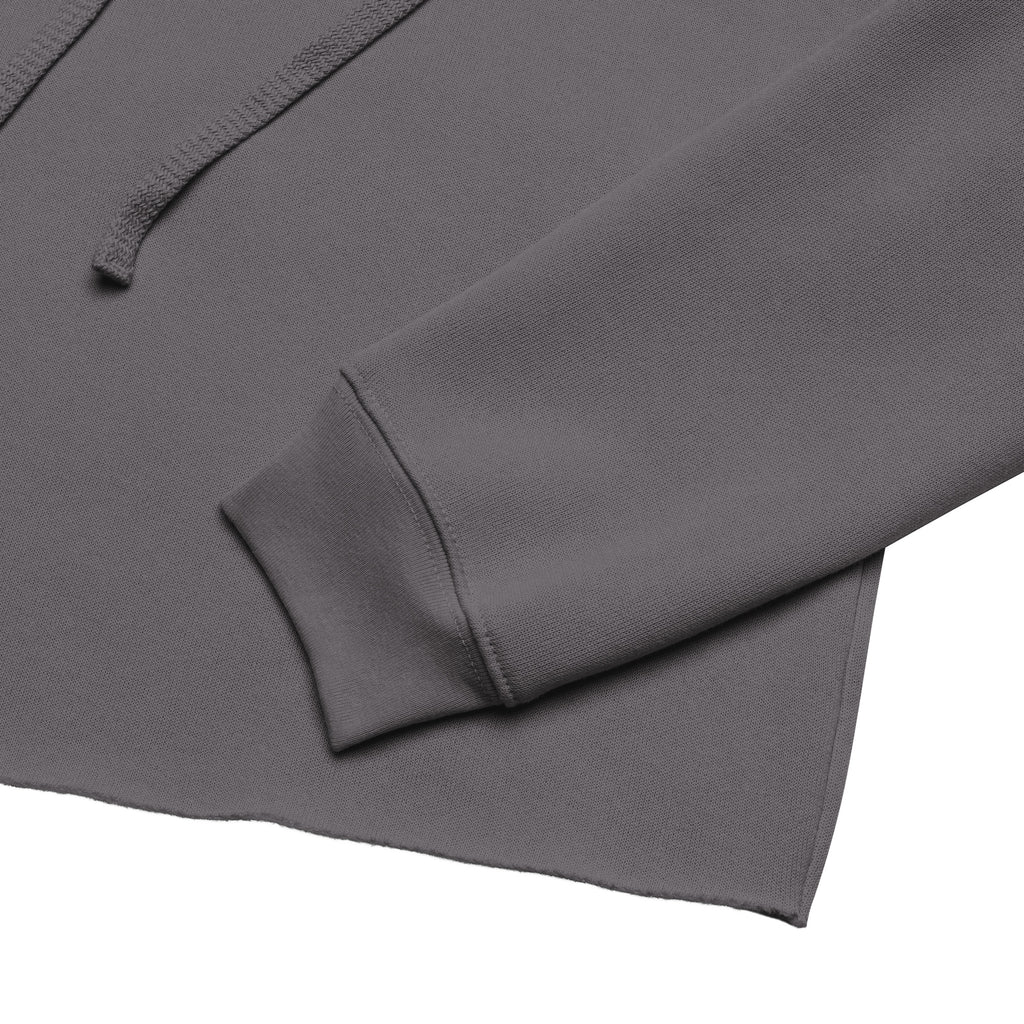 Storm gray cropped hoodie front pocket and ribbed hem with drawstring