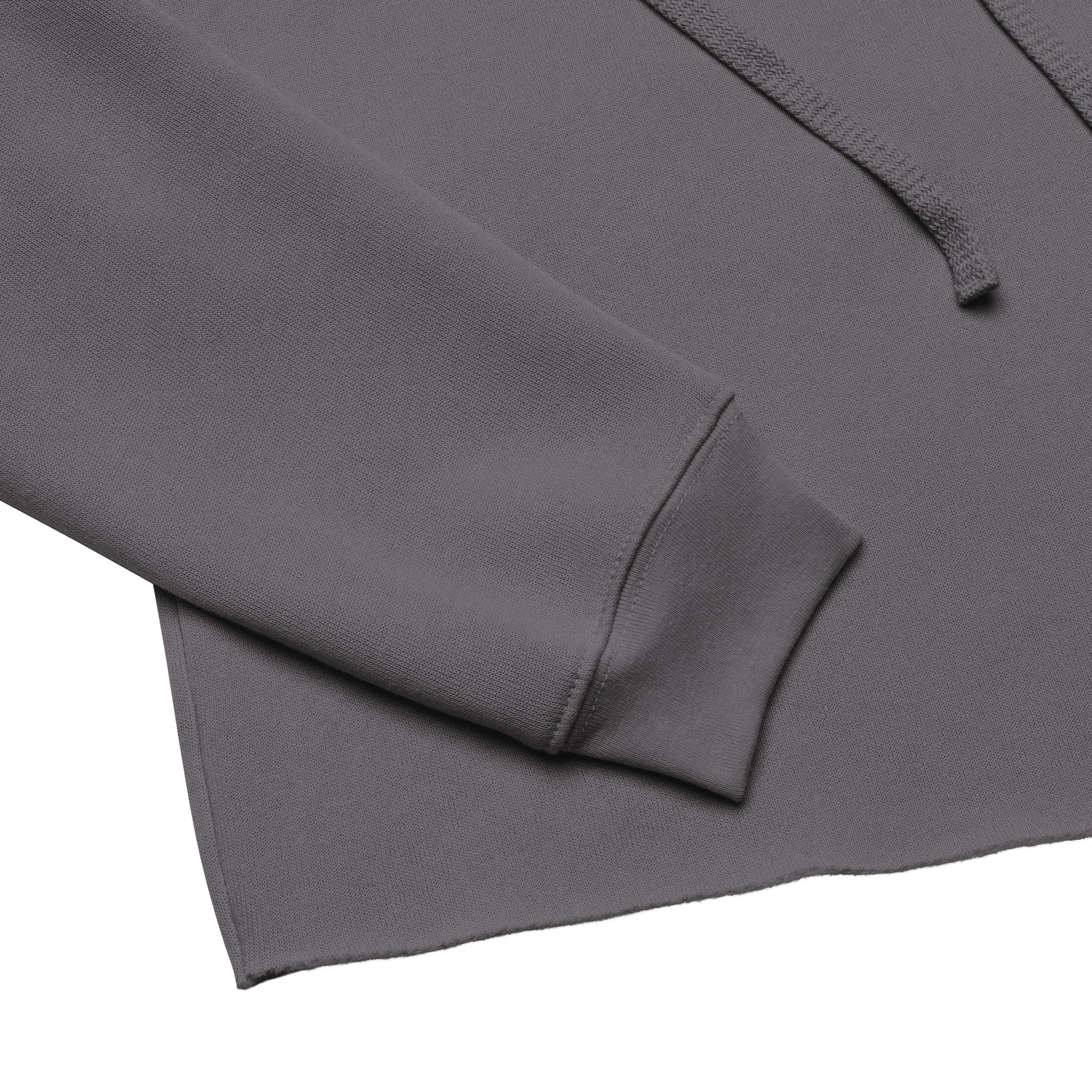 Storm gray cropped hoodie sleeve with ribbed cuff and drawstring tip